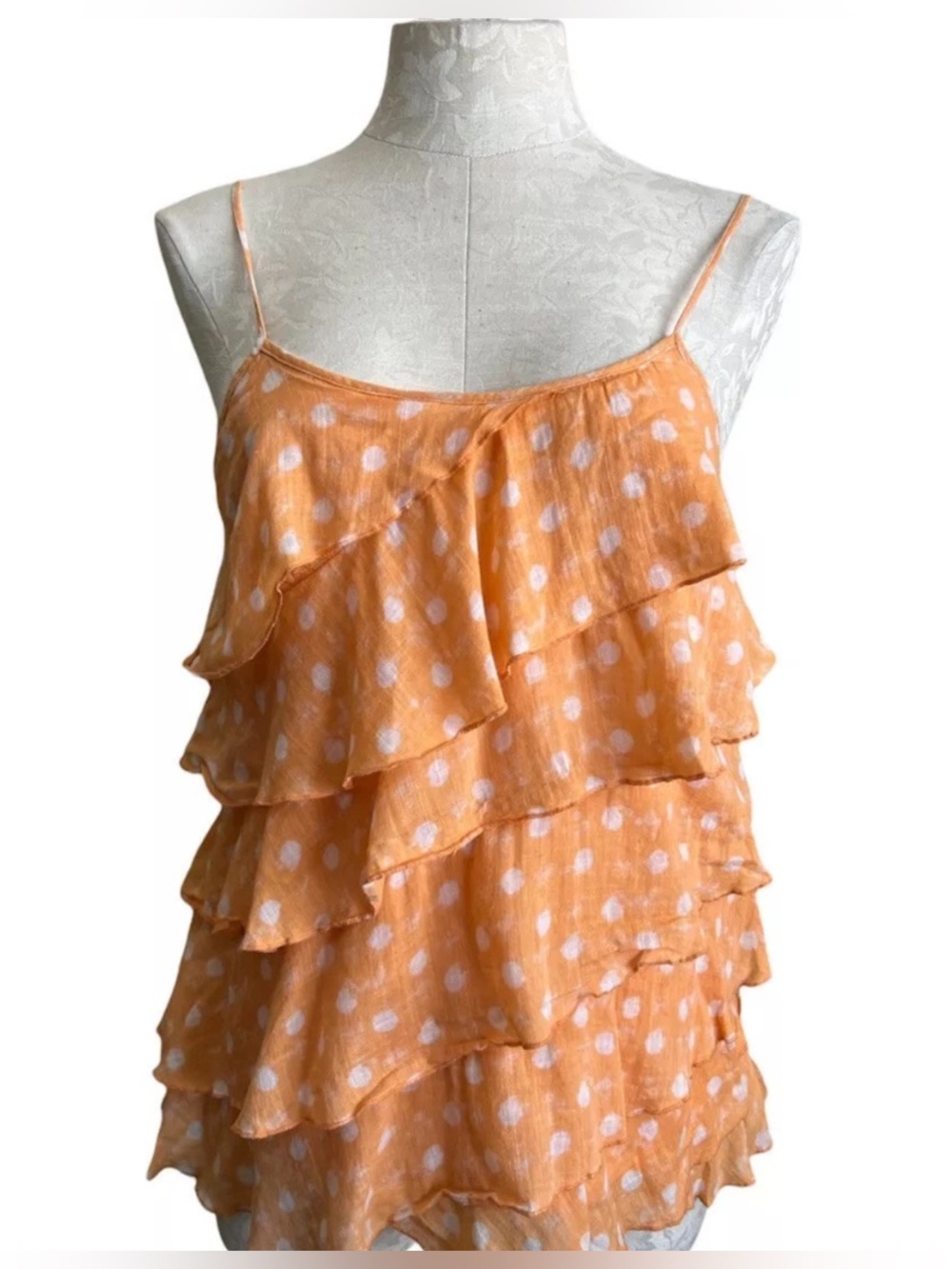 LOFT Orange White Polka Dot Layered Ruffle Tank Top Camisole